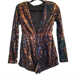 NWT Forever 21 Dark Sequin Long Sleeve Romper Size S Sparkle Festival Date Night